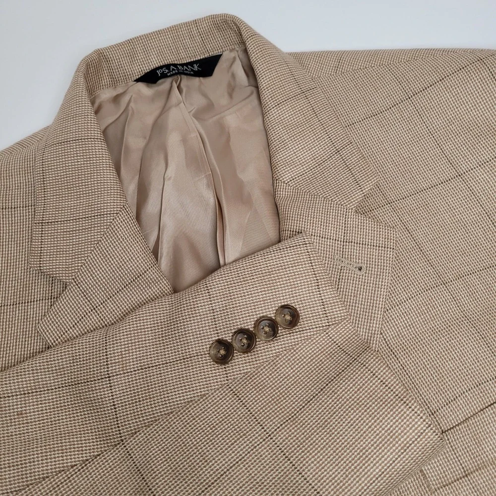 Jos. A. Bank Blazer Mens 46R Tan Silk Camel Hair Windowpane Excellent Sport Coat